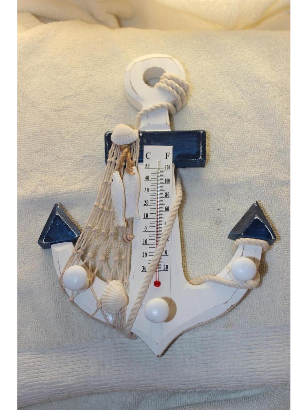 NAUTICAL WOOD WALL DÉCOR WHITE ANCHOR WITH BLUE TRIM THERMOMETER KNOBS NETTING